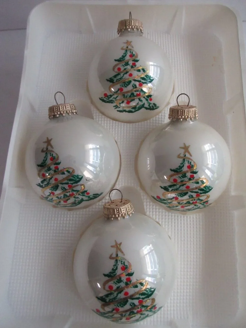 Krebs Christmas Ornament 2 Boxes of 4 Glass Balls White w/ Christmas Tree Vtg